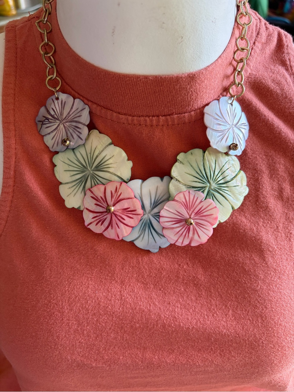 Vintage Style Spring Floral Mother of Pearl Iridescent Bib Collar Necklace